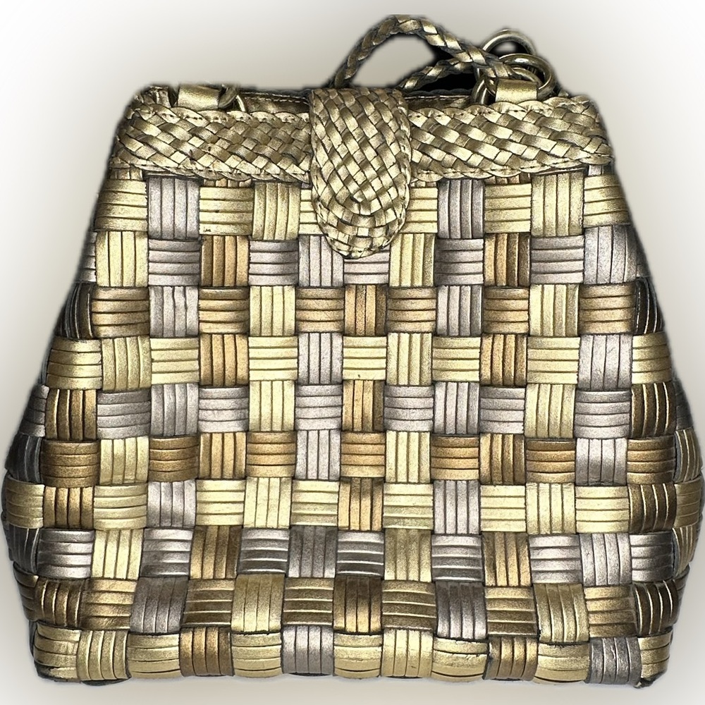 Vintage CEM Woven Leather Metallic Bronze  Silver Gold Purse